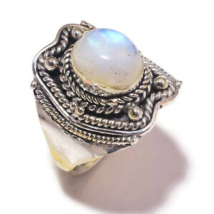 Fire Moonstone Cabochon Gemstone Antique Handmade Engraved Twisted Ring US-5.75
