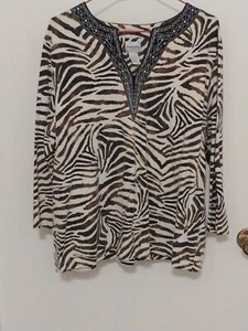 Chico's Size 3 Large Zebra Stripe Cotton Knit Stretch 3/4 Sleeve Ethnic Shirt... - Picture 1 of 3