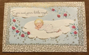 Vintage 60er Jahre Neu Baby Neugeborenes Glückwunschkarte Schlafen Baby Rosen Gold P8a - Bild 1 von 19