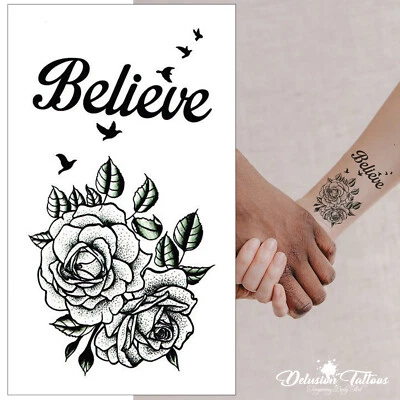 DELUSION TATTOOS "Believe" Rosen & Vögel Temporäres Tattoo - Klein Schwarz Damen Kinder Wasserdicht HQ
