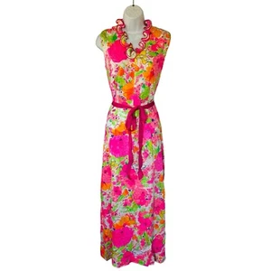 Vtg 60s 70s Alice Of California Neon Pink Orange Green Dress M L Ruffle Neckline - Picture 1 of 17