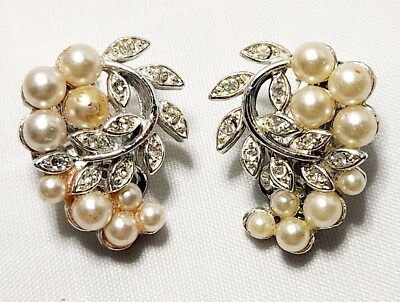 De Colección Lisner Imitación Perla Racimo y Estrás Transparente Pendientes Hojas Enredaderas Clip 1" Foto 1 de 4