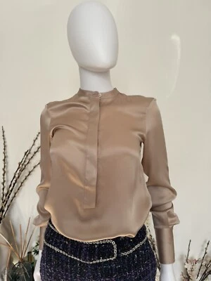 £1700 Auténtica Blusa de Seda Loro Piana, Puro Satén Seda Rosa Bronce Camisa Top, XS/6 Foto 1 de 4
