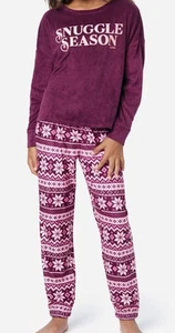 NWT Justice Girls Pajamas Shirt Pants Set 12 L Snuggle Season Pink Red Logo NEW - Picture 1 of 5