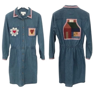 Vintage 90s Giorgio Sant Angelo Embroidered Patchwork Denim Fabric Dress Size 10 - Picture 1 of 15