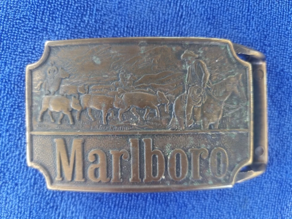 Vintage 1970s Marlboro Solid Brass Belt Buckle – Cowboy Cattle Drive Western Des - Image 1 of 1