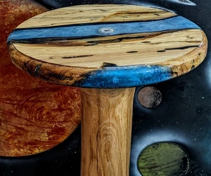 25" Hand Carved Wood Blue Epoxy Table Adjustable Feet, Benefits Animal Sanctuary - Picture 1 of 24