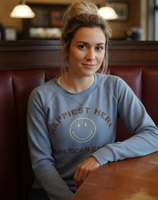 Sudadera Raglán American Eagle Azul Cuadrado Para Mujer Gráfico Smiley Pequeña Foto 1 de 4