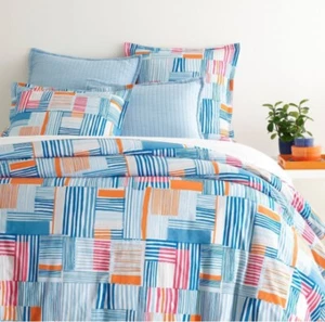 Edredón Annie Selke King cono de pino bloque de colina rayas azul/mandarina - Imagen 1 de 5