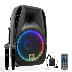2000W speaker bluetooth  15" PA Speaker 2 UHF Wireless Mics LED Light MU-U15PA - Picture 1 of 7