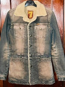 7 FOR ALL MANKIND BLUE DENIM JEAN JACKET SHERPA LINED FLEECE SZ S - Picture 1 of 5