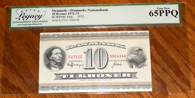 Denmark 10 Kroner 1972 Pick-44ac GEM UNC LEGACY 65 PPQ Danish Banknote Note - Image 1 of 4