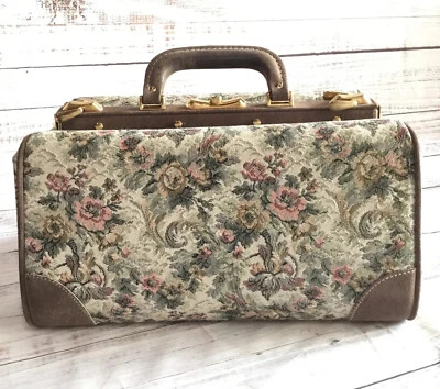 Vintage French Luggage Floral Tapestry Cosmetic Train Case Purse Bag 14" - Image 1 of 4