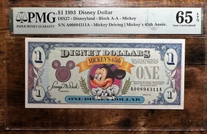 1993 $1 Disney Dollar-Mickey Driving 65th Ann Wanted GEM PMG GEM UNC 65EPQ RARO - Foto 1 di 8