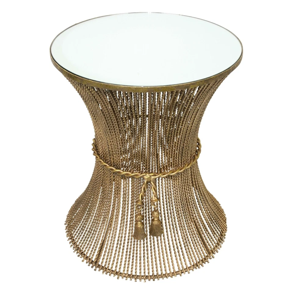 Luxe Swag and Tassel Gold Iron Accent Table Twisted Rope Round Mirror Top Drum - Image 1 of 1