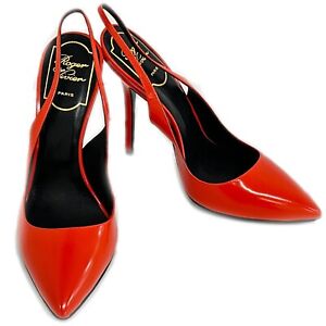 Roger Vivier Leather Heel Slingback Pumps Shoes Red Women #35.5