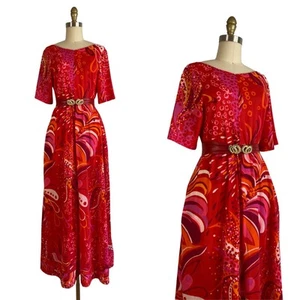 Vintage 1970s Red Psychedelic Short Sleeve Kaftan Maxi Dress | Size M/L - Picture 1 of 10