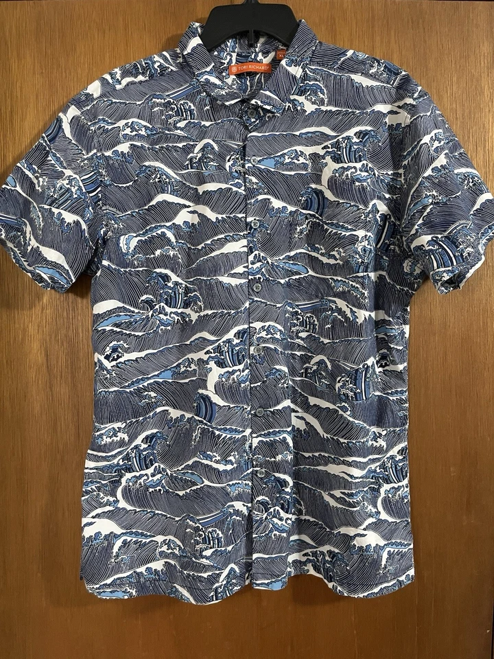 Мужская гавайская рубашка Tori Richard Ocean Wave Aloha XL сине-белая с коротким рукавом - Изображение 1 из 3
