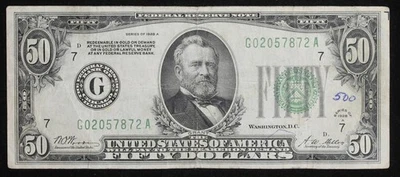 1928 A $50 FRN - VF - Redeemable in Gold - Writing - Image 1 of 2