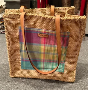 Ralph Lauren Straw Tote Bag Madras Plaid Print Polo Vintage Woven Shoulder - Picture 1 of 7