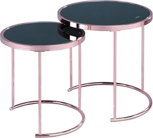 2x Modern Copper/Black Nesting End Tables Glass Top Side Coffee Set Round - Picture 1 of 8