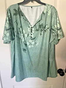 Damen Pull-Over V-Ausschnitt Shirt Größe 3XL Grüntöne Blumenmuster Kurzarm - Bild 1 von 4