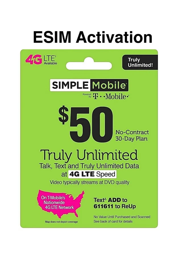 SIMPLE MOBILE eSim available $50 plan Truly unlimited with 5GB Hotspot - Image 1 of 1