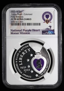 2022-W $1 Purple Heart Colorized Commemorative Proof Silver Dollar NGC PF70 UCAM - Picture 1 of 4