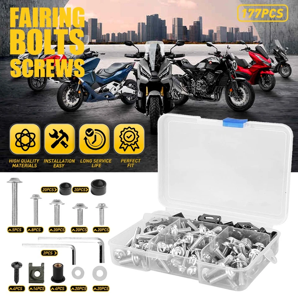177 peças kit completo de parafusos de carenagem parafuso motocicleta ajuste prata Kawasaki Yamaha - Imagem 1 de 4