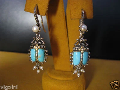 BARBARA BIXBY TURQUOISE WHITE PEARL SCARAB EARRINGS SS 18K DESIGNER FLOWER Gift - Image 1 of 2