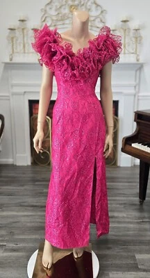 Vestido de festa Mike Benet vintage anos 80 rosa brilhante renda formatura tamanho 8 - Imagem 1 de 4