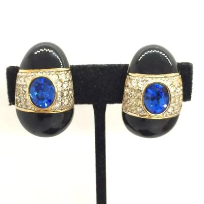 PENDIENTES LLAMATIVOS VINTAGE AÑOS 80 ESMALTE NEGRO AZUL ESTRÁS TONO DORADO Foto 1 de 4