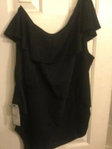 New  Size 2X loralette Black Print Stretch Ruffle One Piece Bodysuit - Picture 1 of 7