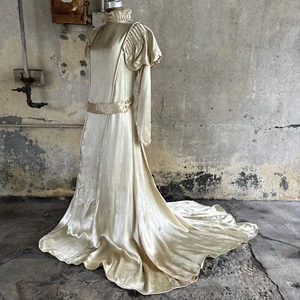 Vintage 1930s Ivory Silk Satin Deco Wedding Gown Train Puff Sleeve Long Sleeves - Picture 1 of 23