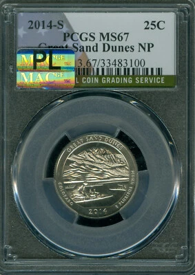 2014 S GREAT SAND DUNES QUARTER PCGS MS67 PQ MAC PL FINEST GRADE MAC SPOTLESS .  - Image 1 of 2