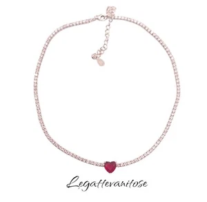 Choker  collana tennis in Argento 925  zirconi bianchi  e  Cuore Rosso Rubino - Foto 1 di 12