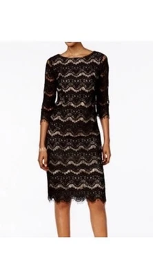Vestido Jessica Howard Negro Encaje Forro Desnudo Manga 3/4 14 Vainas Cremallera Trasera Foto 1 de 4