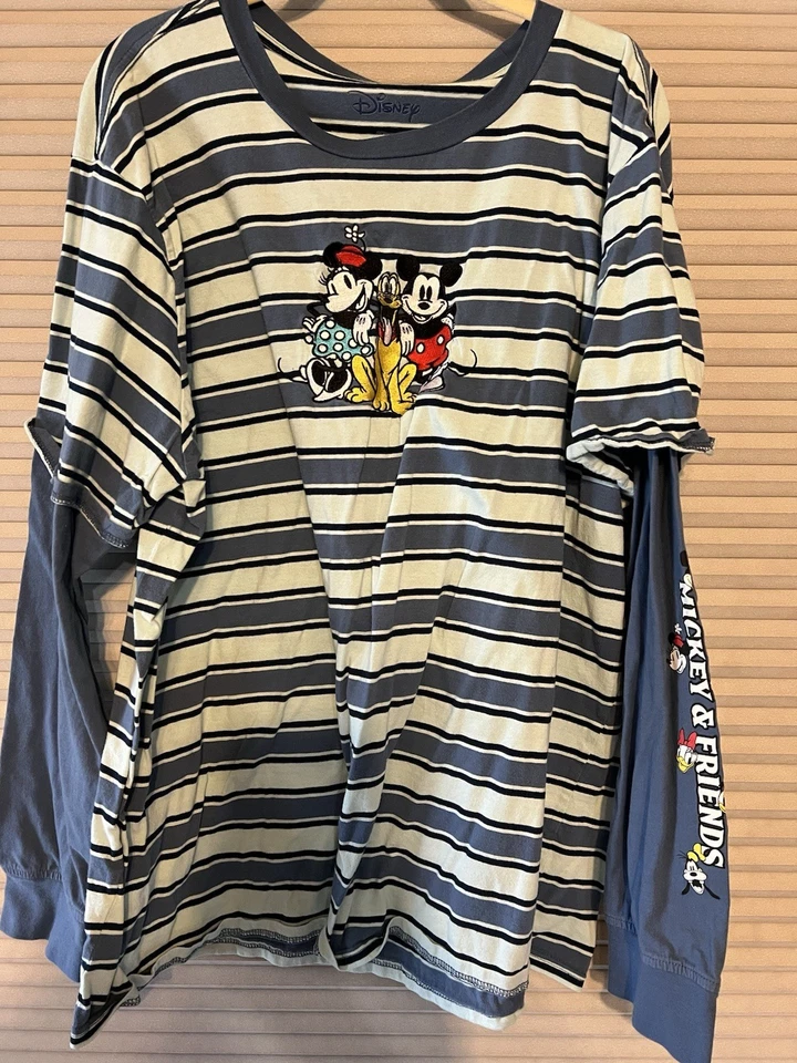 迪士尼刺绣蓝色条纹长袖上衣棉质米奇米妮冥王星 2XL — 第 1/1 张图片