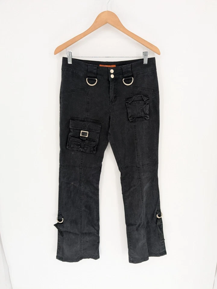 Pantalones De Colección Y2K Grunge Gótico Negro Bootcut Talla 9 Hebilla Correa Carga Bolsillo Emo Foto 1 de 4