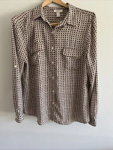 Loft Women’s Career Print Button Front Long Sleeve Top Blouse SZ L NWOT - Picture 1 of 9