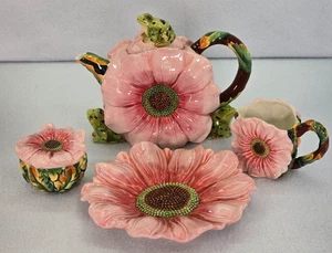 Ceramic Frogs & Pink Sunflower Tea Set Teapot w Lid Creamer Sugar Bowl Plate - Picture 1 of 23
