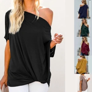 Fashionable Cold Shoulder T-Shirt for Women Short Dolman Sleeve Irregular Blouse - Picture 1 of 38