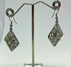 Vintage Silver Metal Rhinestone Diamante Crystal Long Drop Earrings 1980' - Picture 1 of 5
