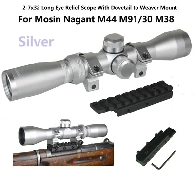 Silver Mosin Nagant 2-7x32 Long Eye Relief Scope W Mount for M44 M91/30 and M38 - Image 1 of 4