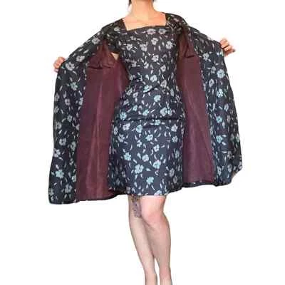 VTG 1950s '60s Eleanor Green Silk Watercolor Floral Sheath Dress & Coat Set XS - Image 1 of 4