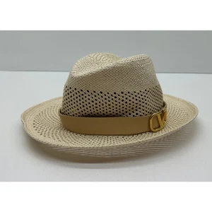 Valentino VLogo Signature Fedora Leather-Trimmed Woven Hat Beige NEW # - Picture 1 of 11