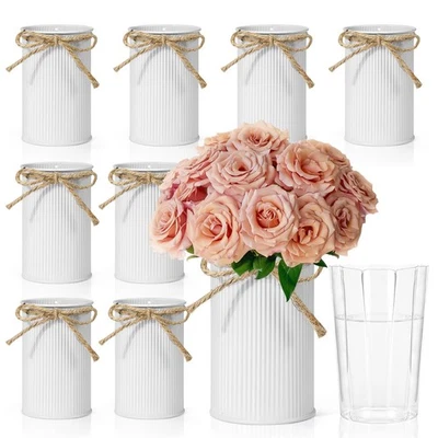 8 Pcs 4.33 Inch Small White Rustic Metal Vases Bulk with Twine Bow, Rustic Wh... - Image 1 of 4