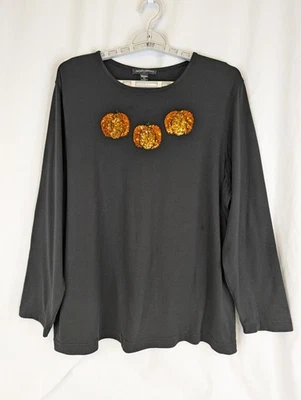 Knit Top Designers Originals Halloween Sequin Pumpkins Black Shirt Plus 2X VTG - Image 1 of 4