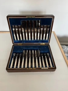 CASED SET OF 12 MOTHER OF PEARL HANDLED & SILVER PLATED FORKS & 12 KNIVES(MOP-Z) - Picture 1 of 7