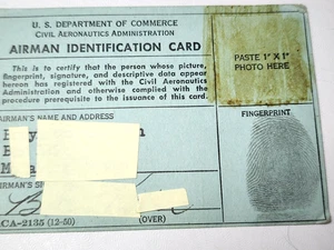 Airman ID Card Aug. 1953 US Dept Commerce civil aeronautics admin - Picture 1 of 4